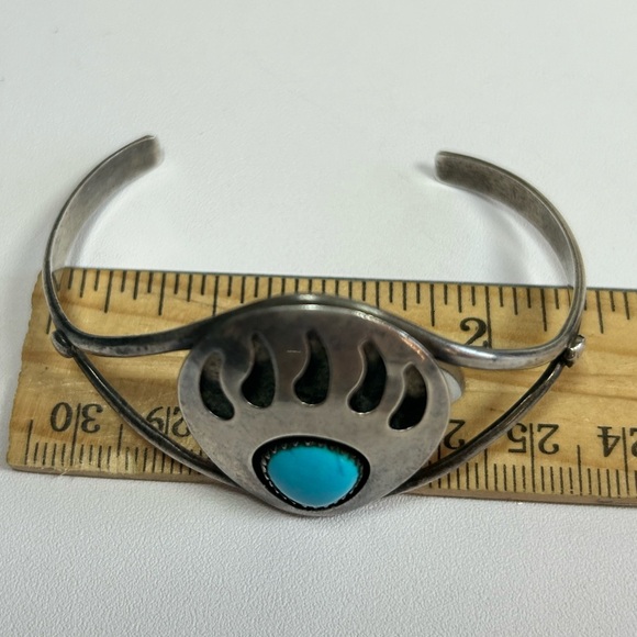 Native Large Turquoise Bear Paw Shadow Box Sterling Silver 925 Cuff Earrings Set - Picture 5 of 15